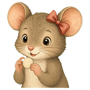 Mama Mabel, a grey-brown mouse with a red bow