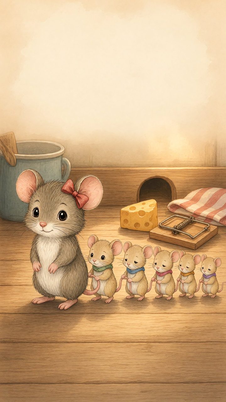 Mama Mouse with her six babies in a line, each holding the tail in front, near a mouse hole, a wedge of cheese and a mousetrap